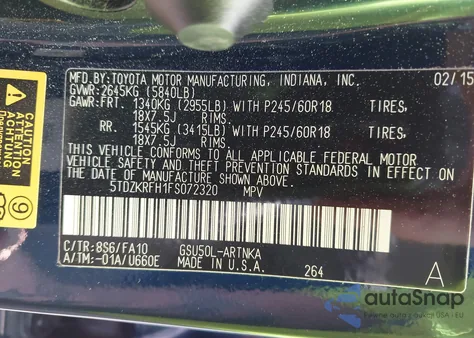 2015 Toyota Highlander Le Plus V6 из США, поврежденный, VIN 5TDZKRFH1FS072320